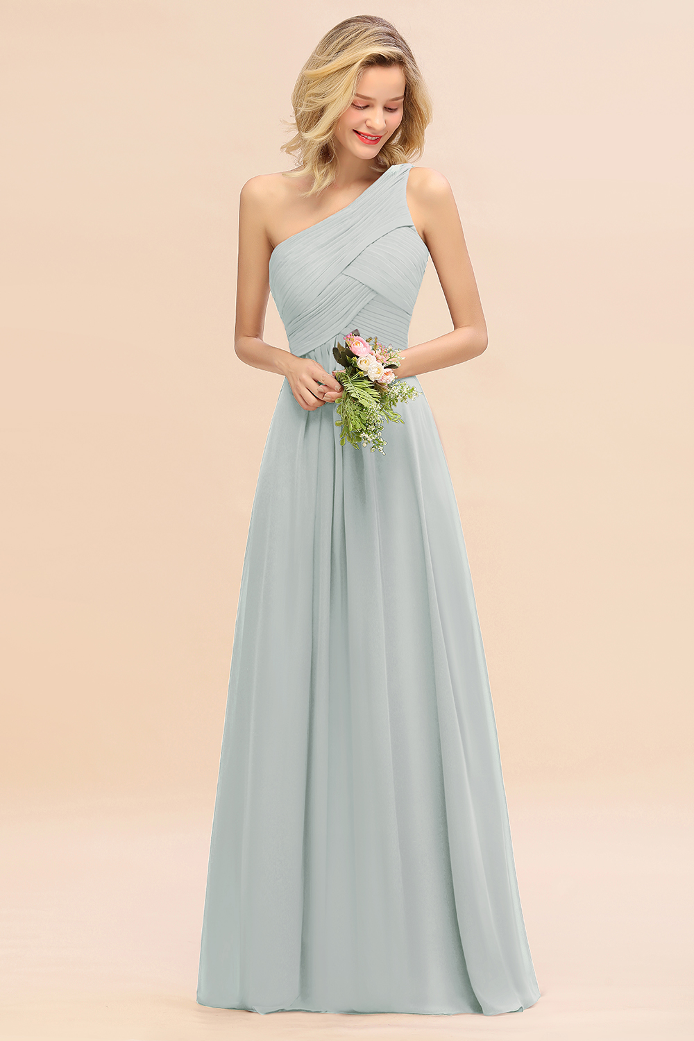 Elegant Ruched Chiffon One Shoulder Bridesmaid Dress Long Sleeveless Evening Dress-newarrivaldress