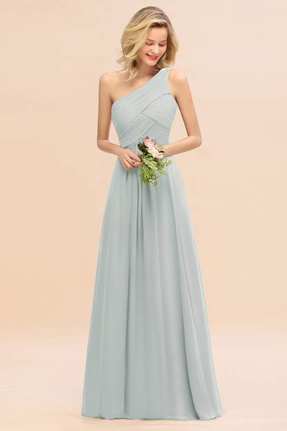 Elegant Ruched Chiffon One Shoulder Bridesmaid Dress Long Sleeveless Evening Dress