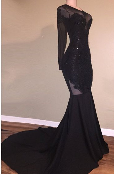 Long Sleeve Black Appliques Evening Gowns | Mermaid Open Back Prom Dresses-newarrivaldress