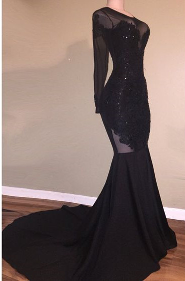 Long Sleeve Black Appliques Evening Gowns | Mermaid Open Back Prom Dresses-newarrivaldress
