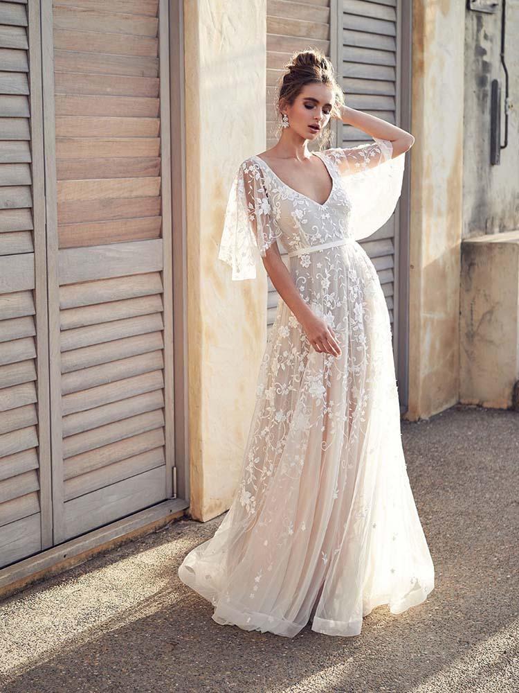 V Neck Half Sleeve Lace Boho Wedding Dresses-newarrivaldress