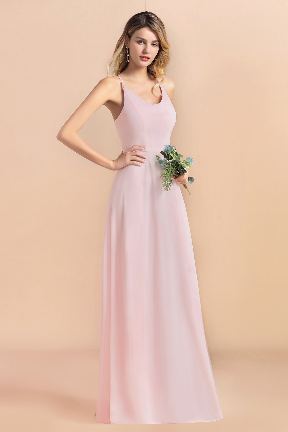 Halter Pink Chiffon Bridesmaid Dresses Backless Long Wedding Party Dress-newarrivaldress