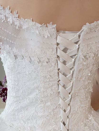 Ivory Wedding Dresses Off The Shoulder Lace Beading Cathedral Train Bridal Dress-newarrivaldress