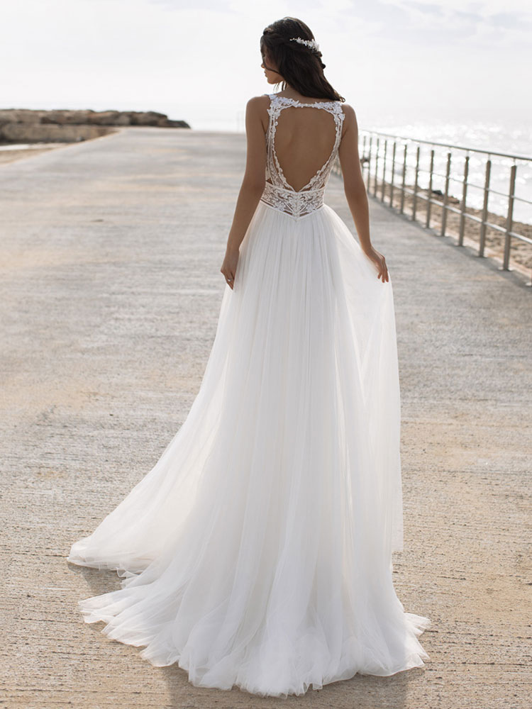 White Simple Wedding Dress V-Neck Sleeveless Backless Natural Waist Lace Chiffon A-Line Long Bridal Dresses-newarrivaldress