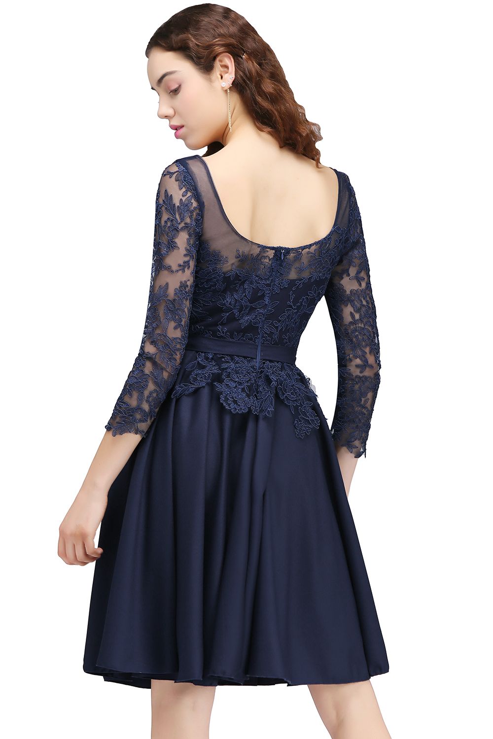 CARA | A-line Sheer Neck Short Dark Navy Homecoming Dresses with Lace Appliques-newarrivaldress