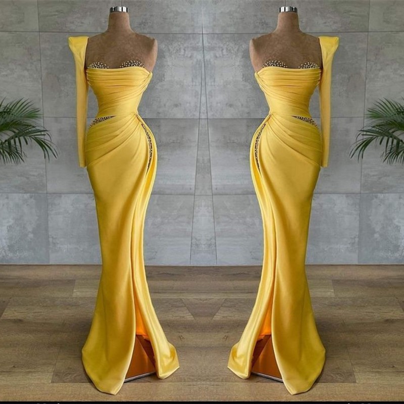 One Shoulder Yellow Ruched Satin Mermaid Prom Dress Beadings Sweetheart Slit Evening Dress-newarrivaldress