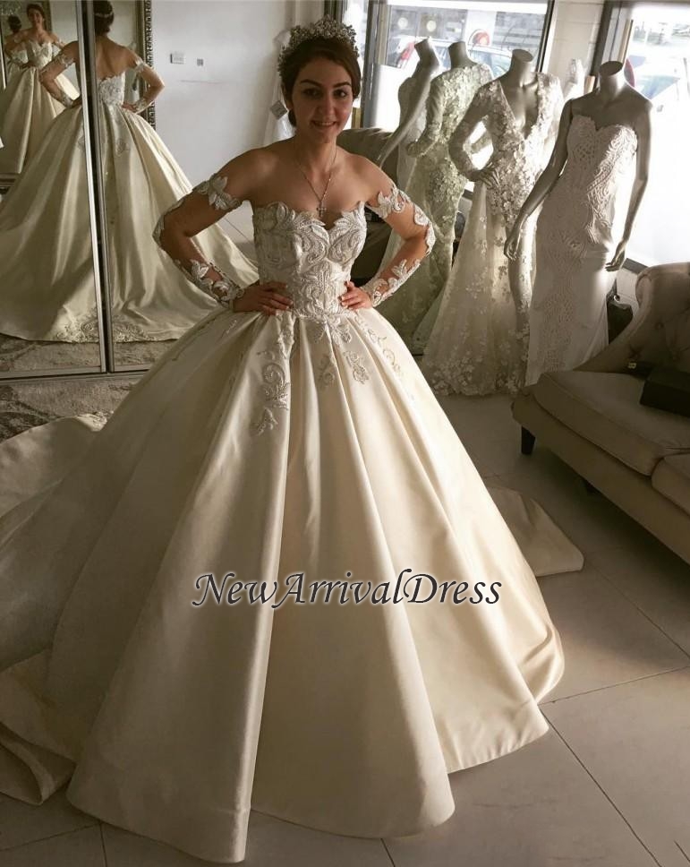 Long Sleeve Lace Appliques Elegant Princess Ball Gown Wedding Dresses-newarrivaldress
