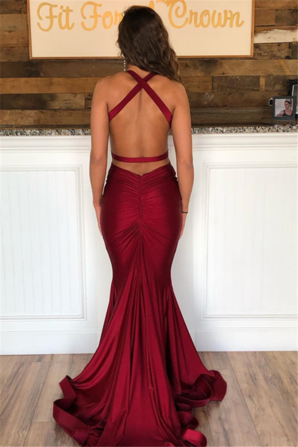 Burgundy Halter V-Neck Sleeveless Backless Mermaid Prom Dresses-newarrivaldress