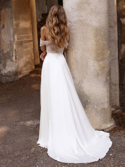 White Simple Wedding Dress Satin Fabric Strapless Sleeveless Cut Out A-Line Off The Shoulder Long Bridal Dresses-newarrivaldress