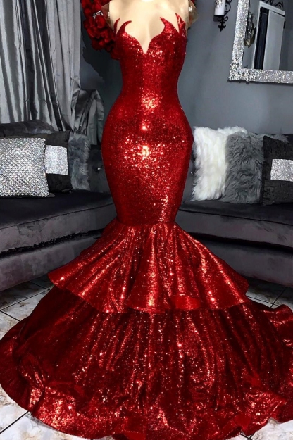 Sparkly Hot Red Mermaid Prom Dresses with Ruffles | Elegant Evening Gowns with shining details-newarrivaldress