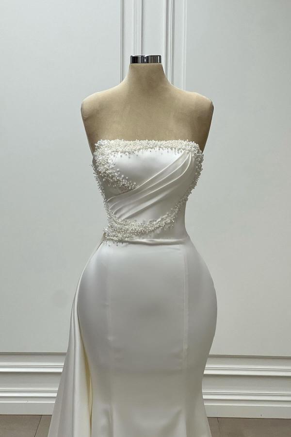 Strapless White Satin Beadings Mermaid Prom Dress with Sweep Train-newarrivaldress