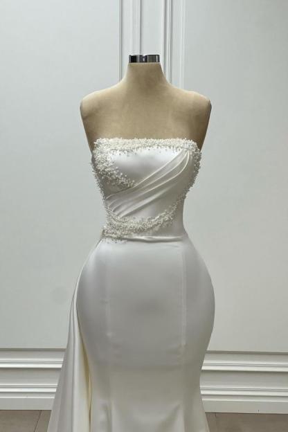 Strapless White Satin Beadings Mermaid Prom Dress with Sweep Train-newarrivaldress