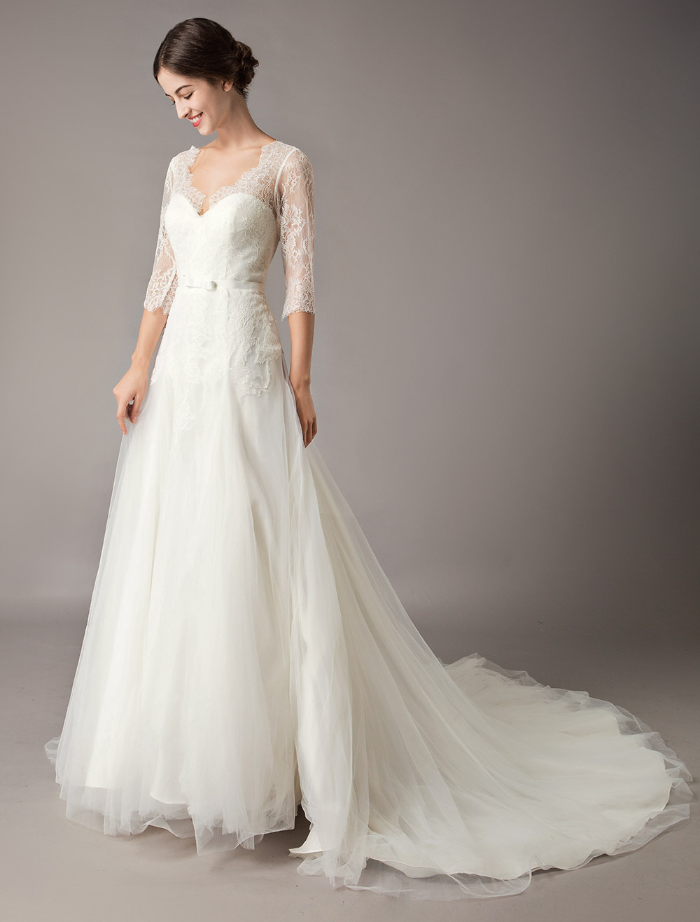 Wedding Dresses A Line Ivory V Neck Lace Tulle Half Sleeve Bridal Dress With Train-newarrivaldress