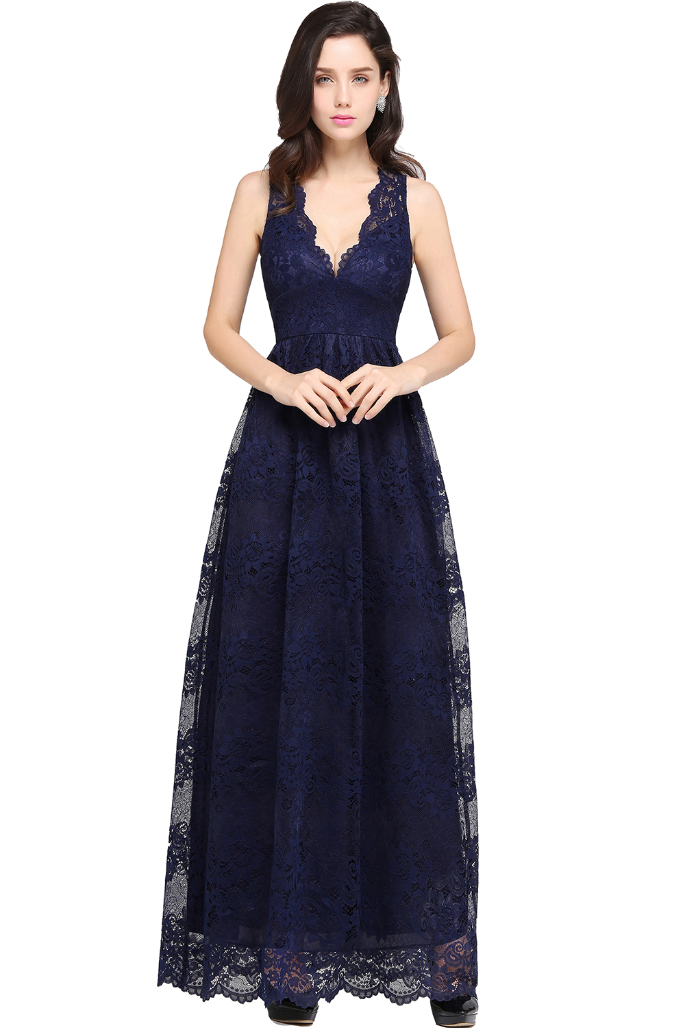 CHAYA | Sheath V-neck Floor-length Lace Navy Blue Prom Dress-newarrivaldress