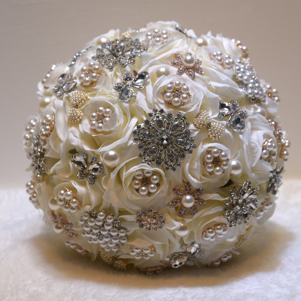 Shiny Crystal Beading Silk Rose Wedding Bouquet in White and Pink