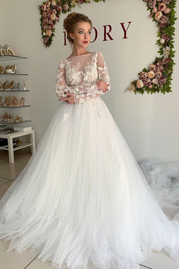 Sheer Tulle Elegant Appliques Wedding Dresses | Long Sleeve A-line Bridal Gowns Online-newarrivaldress