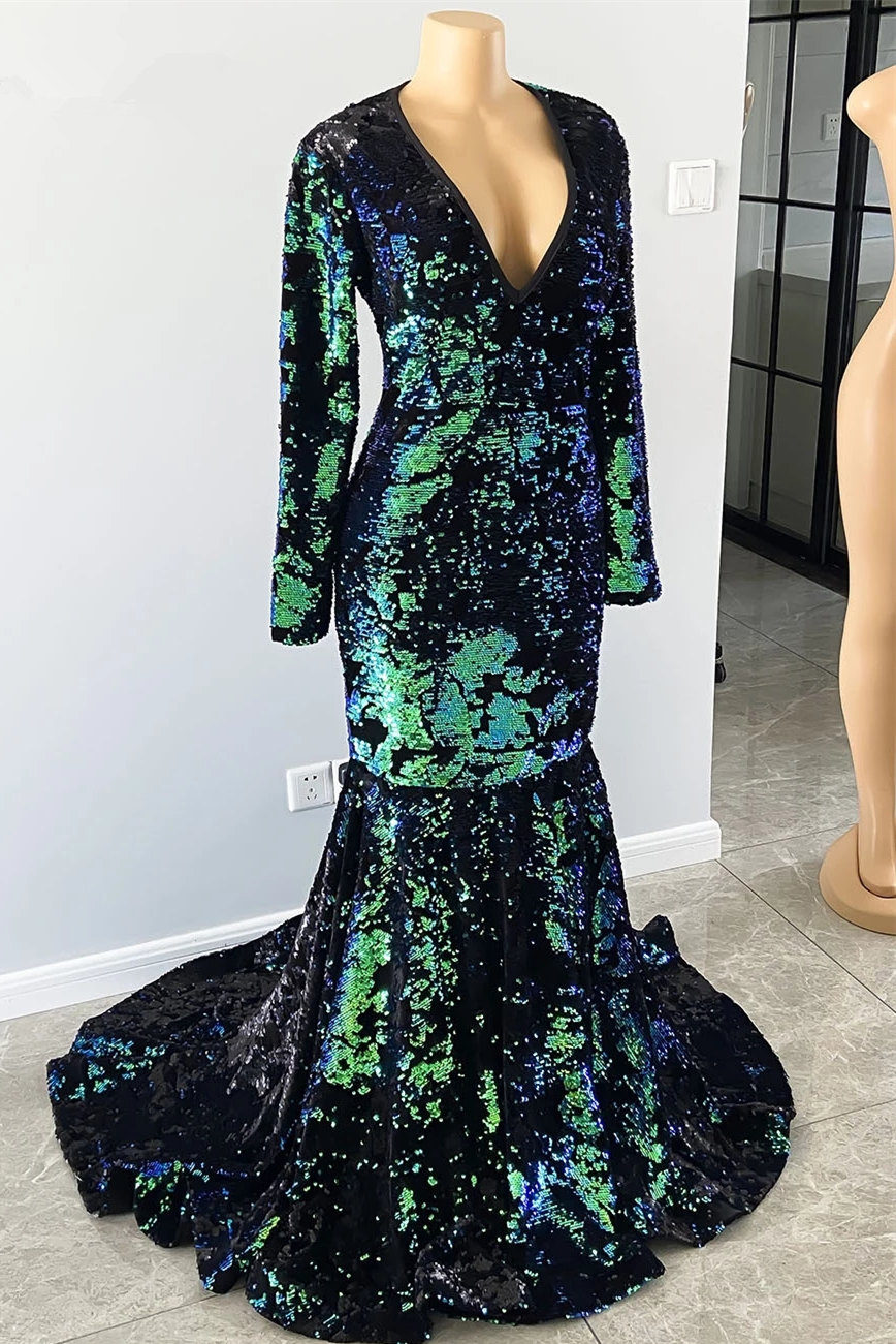 Dark Green Sequined Mermaid Prom Dres with Sleeves V-Neck Party Gown-newarrivaldress