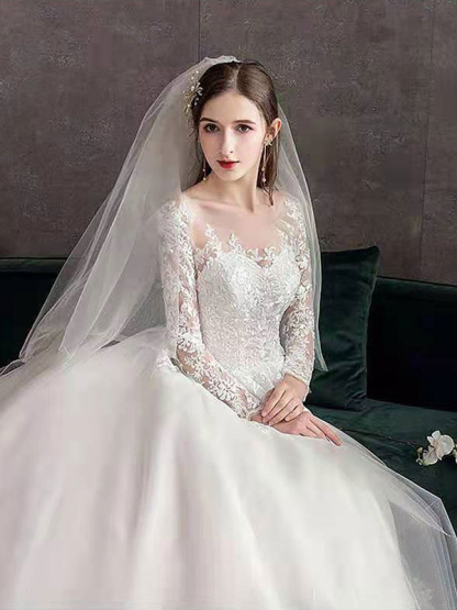 New Vintage Wedding Dresses Eric White Jewel Neck Long Sleeves Natural Waist Satin Fabric Cathedral Train Applique Traditional Dresses For Bride-newarrivaldress