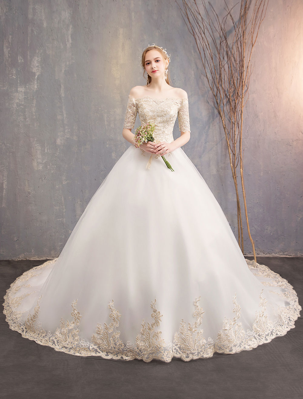 Tulle Wedding Dress Off The Shoulder Half Sleeve Princess Bridal Gown-newarrivaldress