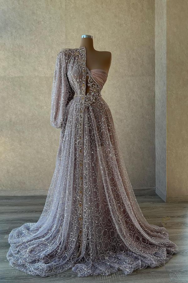 Stylish One Shoulder Rinestones A-line Evening Dress Beadings Floor-Length Tulle Party Wear Dress-newarrivaldress