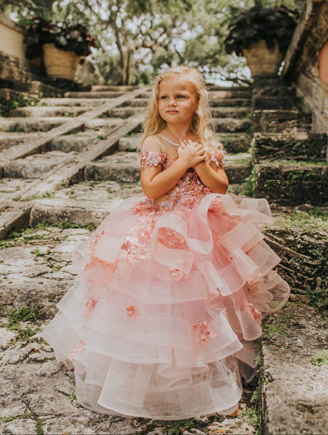 Lovely Jewel Short Sleeves Tiered Tulle Flower Girl Dresses with Handmade Flowers | Long Sheer Little Girl Pageant Dress-newarrivaldress