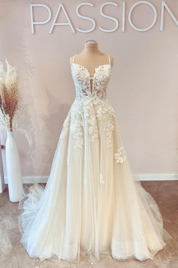 Spaghetti Straps Tulle A-line Wedding Dress Lace Appliques Long Bridal Dress-newarrivaldress