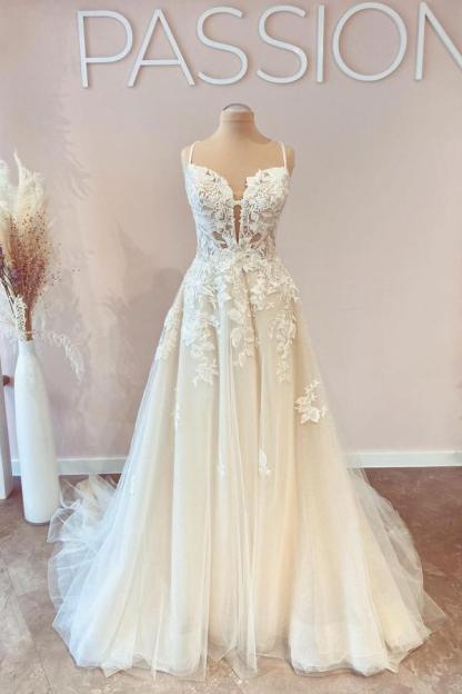 Spaghetti Straps Tulle A-line Wedding Dress Lace Appliques Long Bridal Dress-newarrivaldress