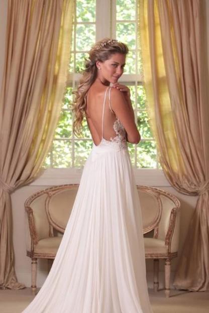 Sexy Spaghetti Straps Beach Summer Wedding Dresses | Deep V-Neck Chiffon Open Back Bridal Gowns-newarrivaldress