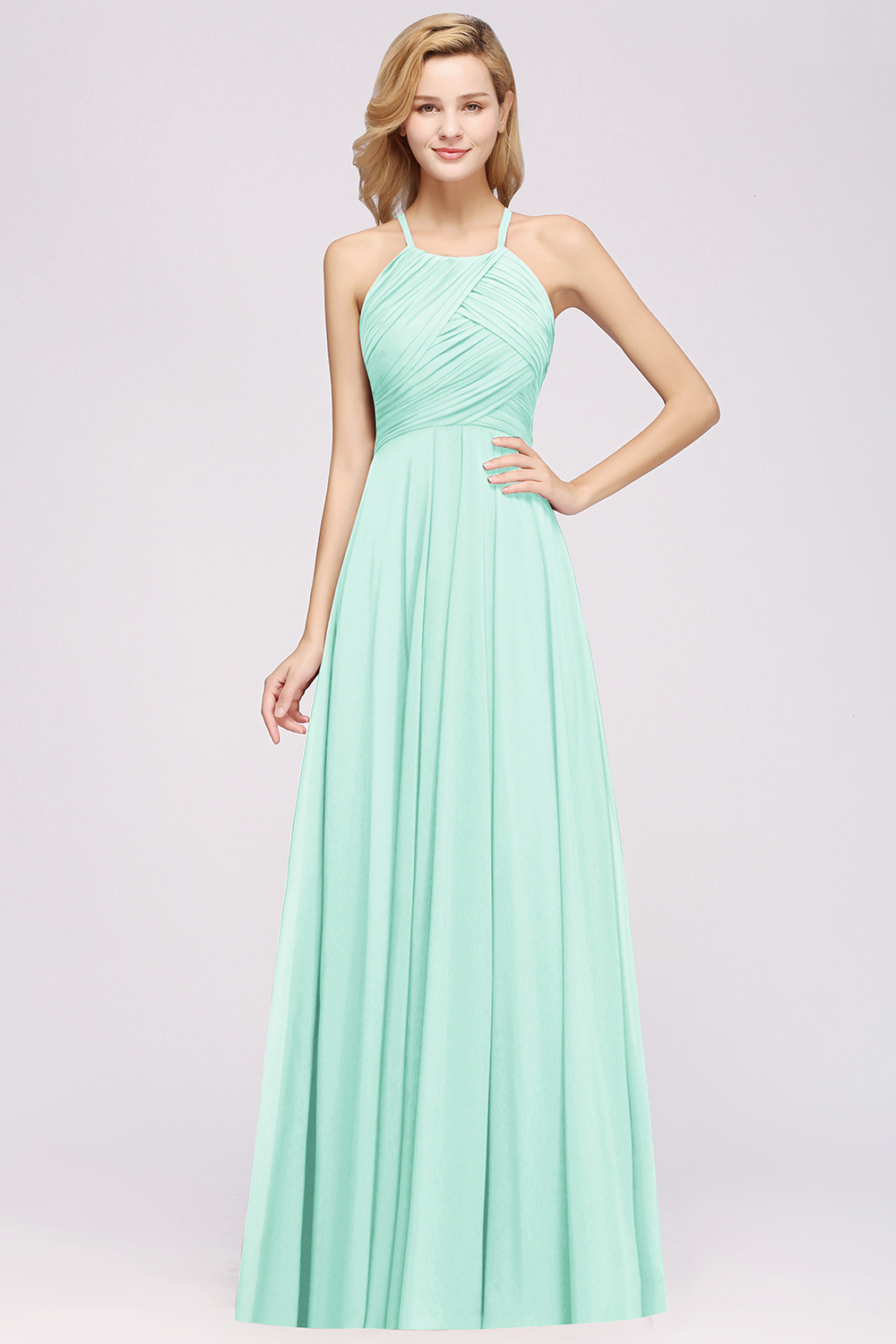 Halter Pleated Bridesmaid Dress Chiffon Sleeveless Floor Length Wedding Guest Dress-newarrivaldress