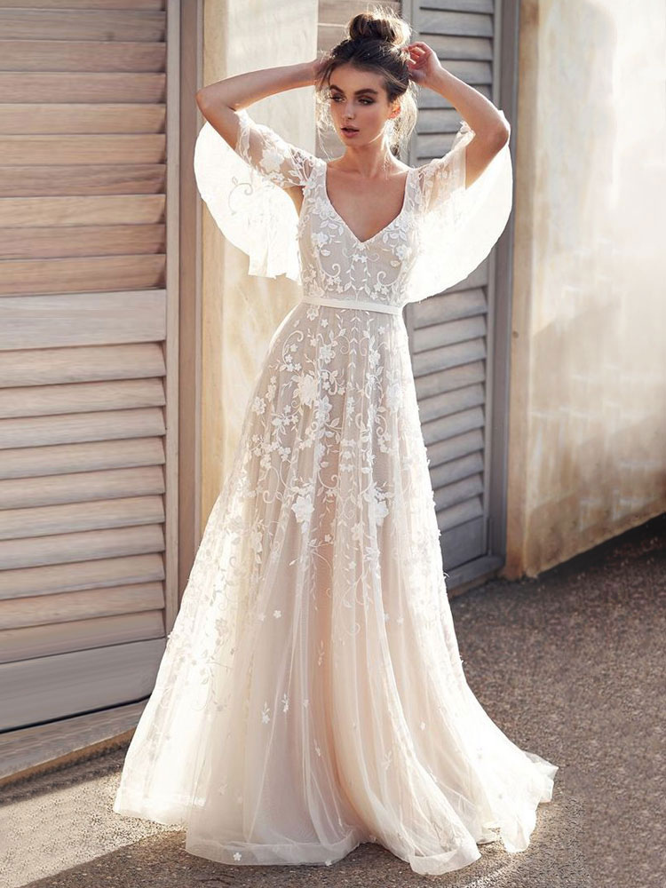 White Lace Wedding Dress V Neck A-Line Wedding Dress Short Sleeves Backless Bridal Dresses-newarrivaldress