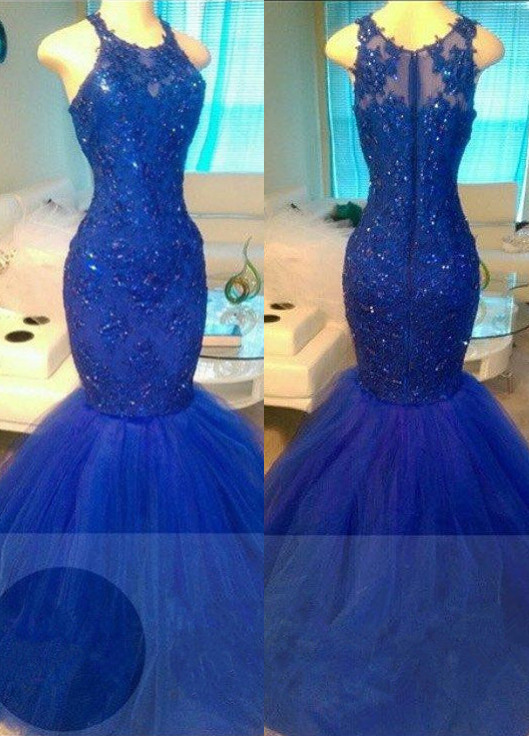Elegant Mermaid Sleeveless Tulle Beads Royal Blue Appliques Evening Dresses-newarrivaldress