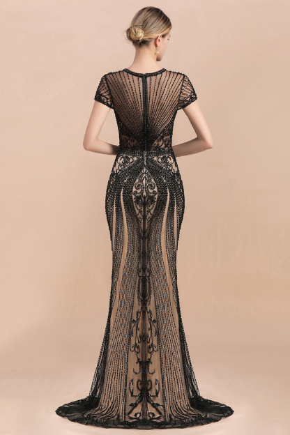 Charming Beading Slim mermaid Prom Dress Evening Short Sleeve Dress-newarrivaldress