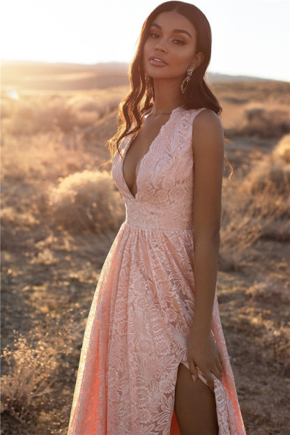 Pink Straps V-Neck Lace Side-Slit A-Line Evening Dresses-newarrivaldress