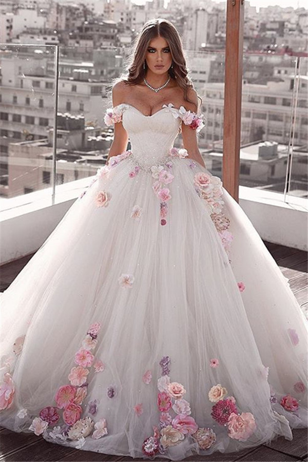 Gorgeous Off The Shoulder Flowers Bridal Gowns | Fluffy Tulle Ball Gown Wedding Dresses-newarrivaldress