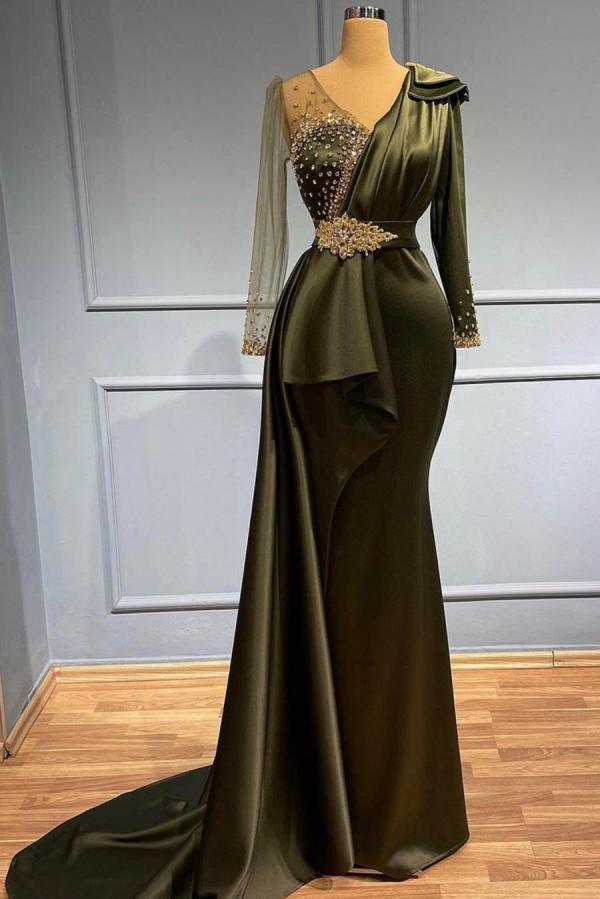 Long Sleeves Satin Mermaid Long Evening Dress V-neck Shiny Crystals Prom Dress with Train-newarrivaldress