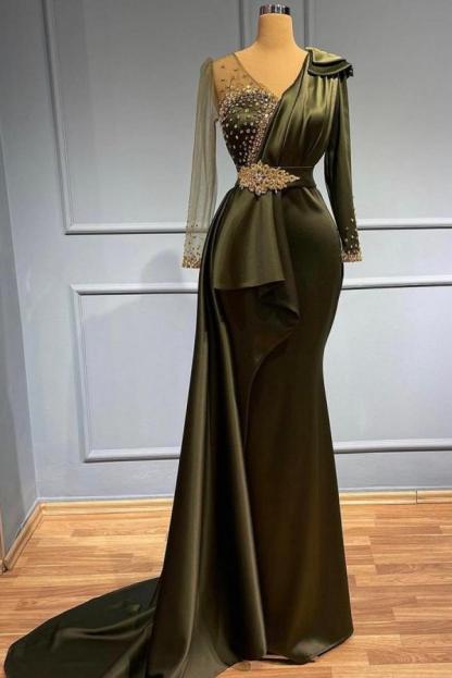 Long Sleeves Satin Mermaid Long Evening Dress V-neck Shiny Crystals Prom Dress with Train-newarrivaldress