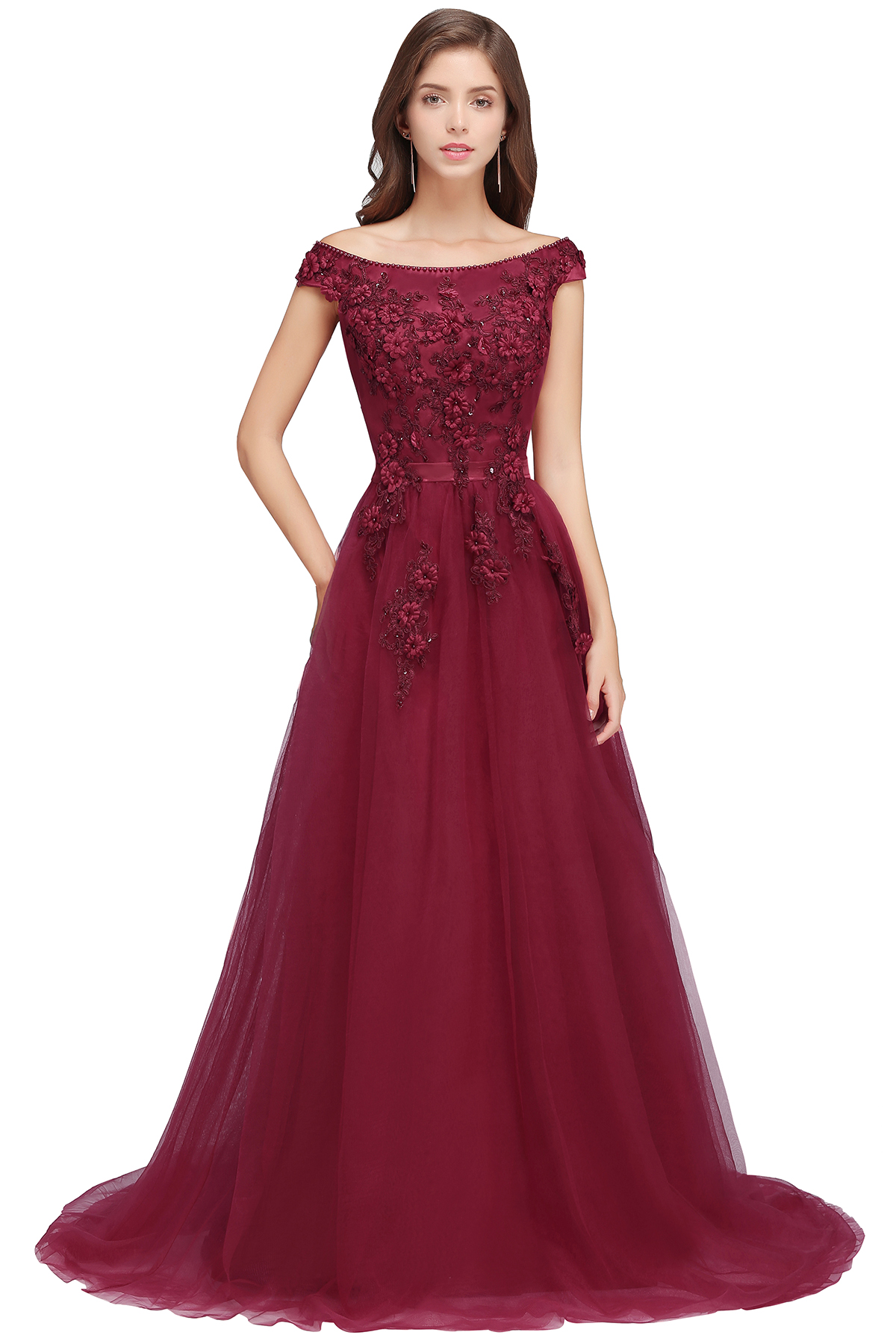 EMBER | A-line Off-shoulder Floor-length Tulle Appliques Prom Dresses-newarrivaldress