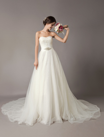 Wedding Dresses Ivory Strapless Lace Beaded Chapel Train Bridal Gowns-newarrivaldress
