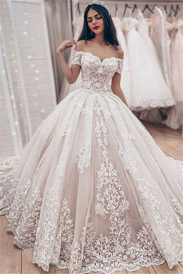 Off The Shoulder Lace Wedding Dress | Puffy Tulle Ball Gown Princess B   newarrivaldress