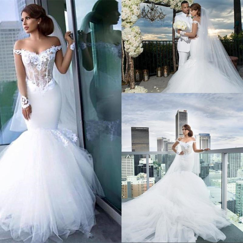 Long Sleeve Tulle Elegant Lace Appliques Mermaid Custom Made Off The Shoulder Wedding Dress-newarrivaldress