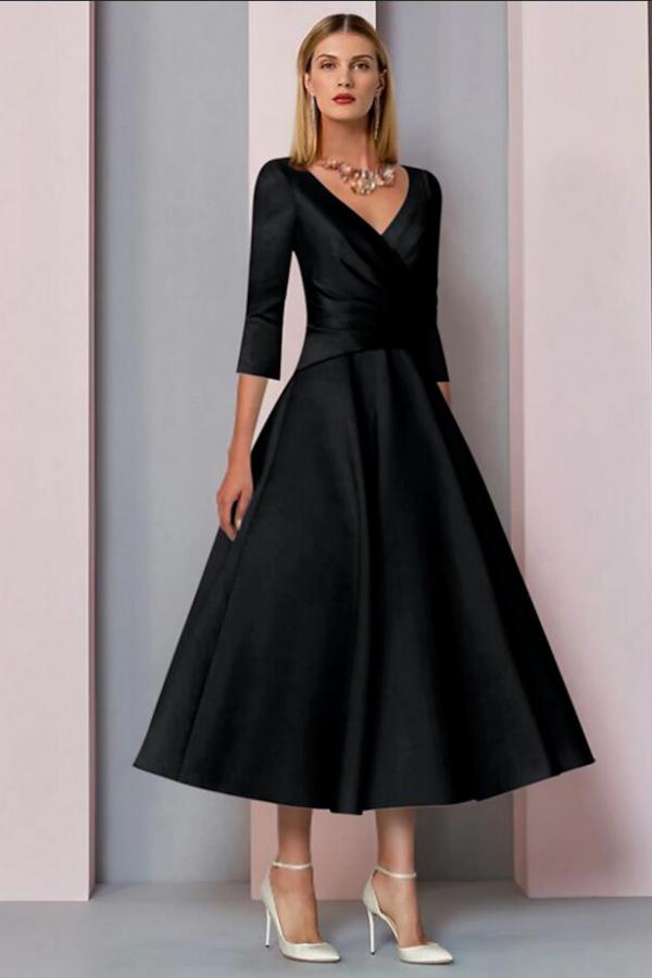 3/4 Sleeves Ruched Satin V-Neck Mother of Bride Dress Wedding Guest Dress-newarrivaldress