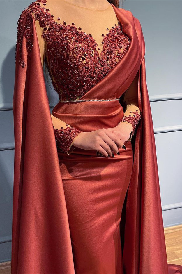 Charming Burgundy Satin Mermaid Evening Dress Long Sleeves Appliques Prom Dress with Shawl-newarrivaldress