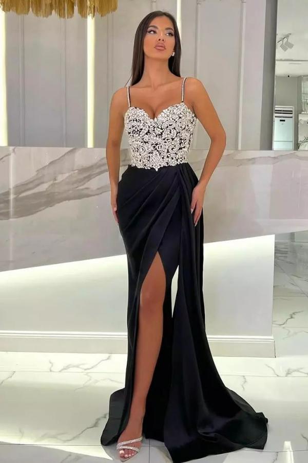 Charming Glitter Crystals Mermaid Prom Dress Ruched Satin Long Evening Dress with Straps-newarrivaldress