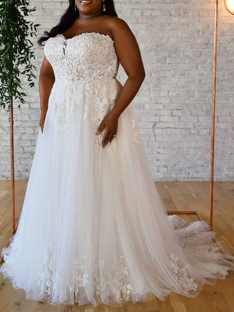 Simple White A-Line Wedding Dress Strapless Sleeveless Backless Lace Bridal Gowns-newarrivaldress