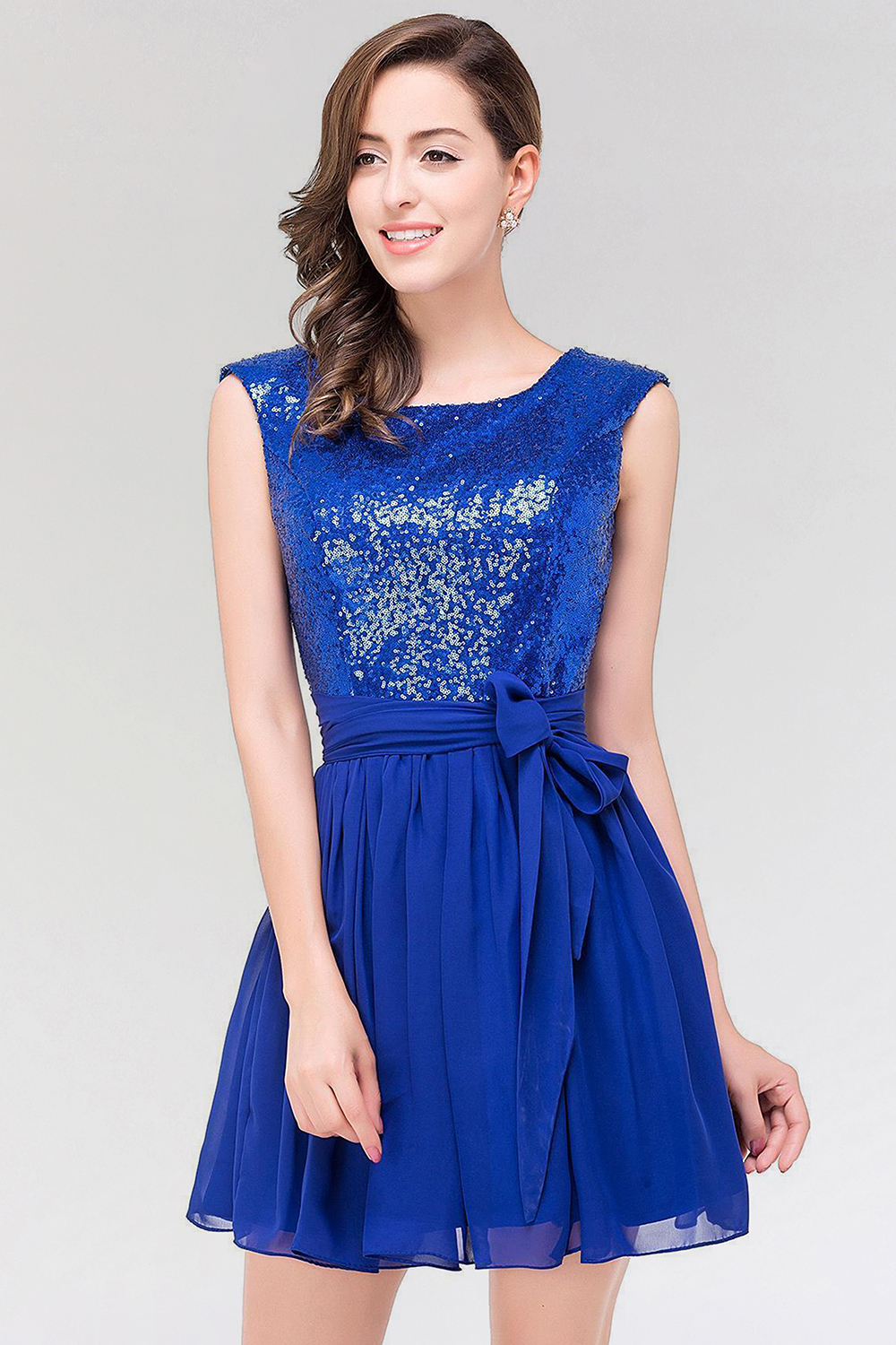 A-line Chiffon Square Sleeveless Bow Ruffles Mini Bridesmaid Dress with Sequins-newarrivaldress