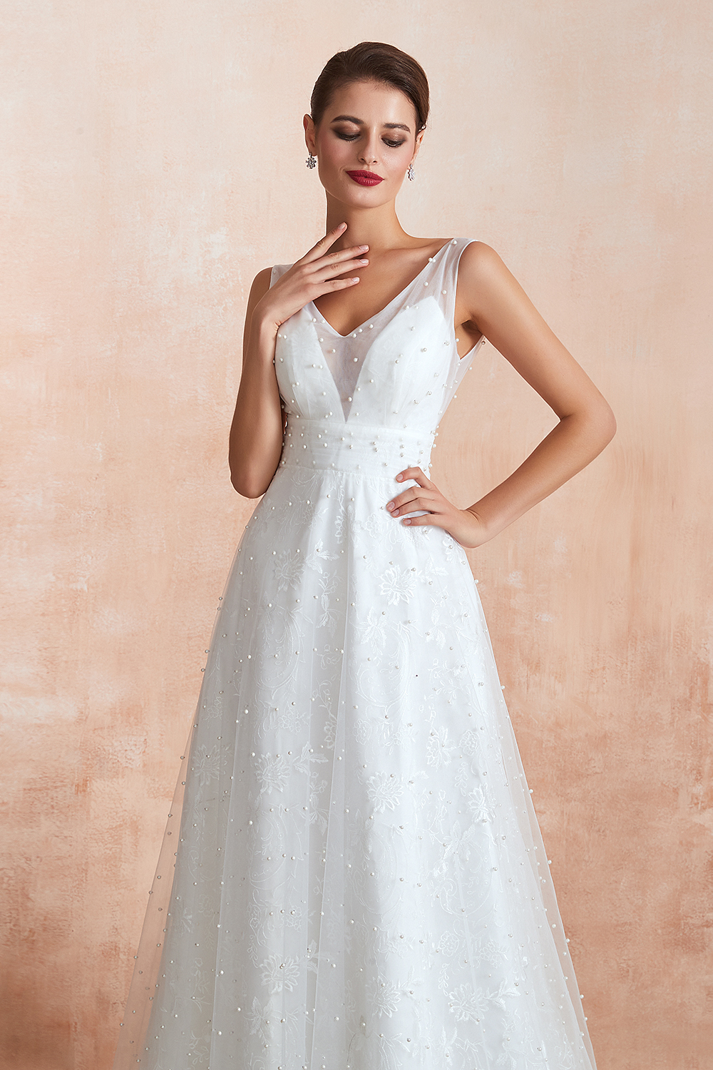 White Pearls Aline Wedding Dress Sleeveless V-Neck Bridal Dress-newarrivaldress
