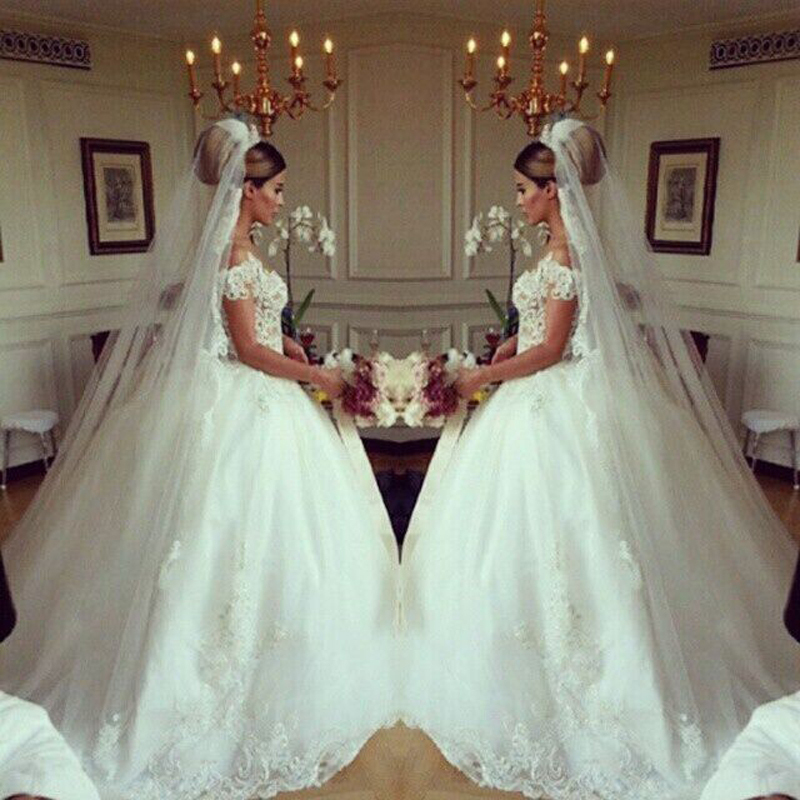 Short Sleeve Ball Gown Wedding Dresses with Beads | Princess Lace Appliques Sexy Bridal Gowns-newarrivaldress