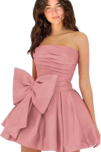 Simple Strapless Ruffle Satin Short Homecoming Dress Sleeveless Mini Party Dress with Bow-newarrivaldress