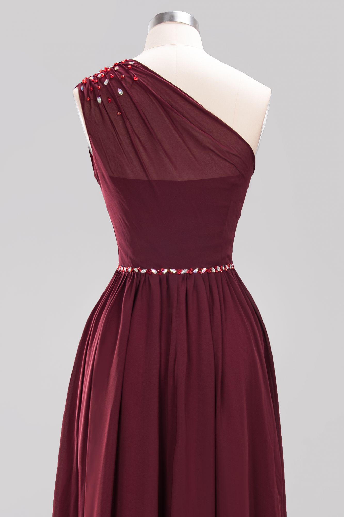 Elegant A-Line Burgundy Chiffon One-Shoulder Sleeveless Ruffles Floor-Length Bridesmaid Dresses with Beadings-newarrivaldress