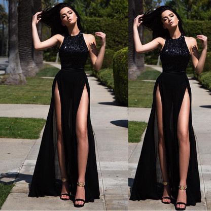 High Neck Front Slit Chiffon Formal Dress | Lace Long Prom Dress Online-newarrivaldress